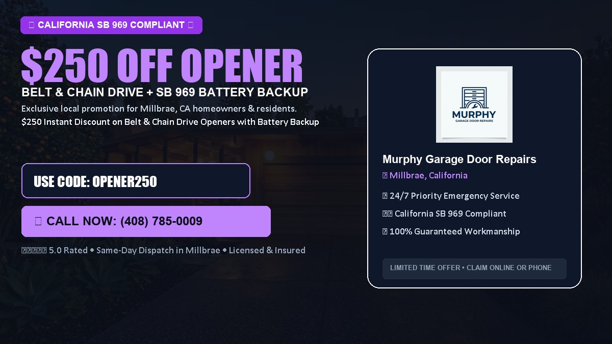 $250 OFF Smart Garage Door Opener Installation (Belt & Chain Drive with California SB 969 Battery Backup) in Millbrae, CA